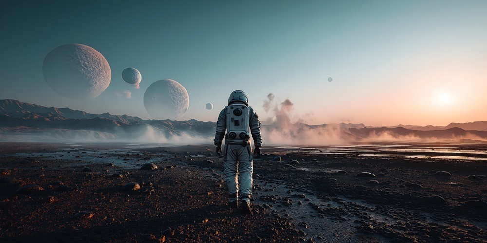 An astronaut exploring an alien landscape beneath a sky filled with planets